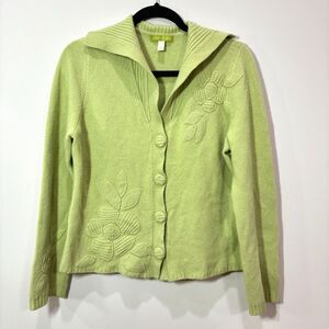 Sigrid Olsen Green Sweater Cardigan Floral Wool Angora Cashmere sz L Cottagecore
